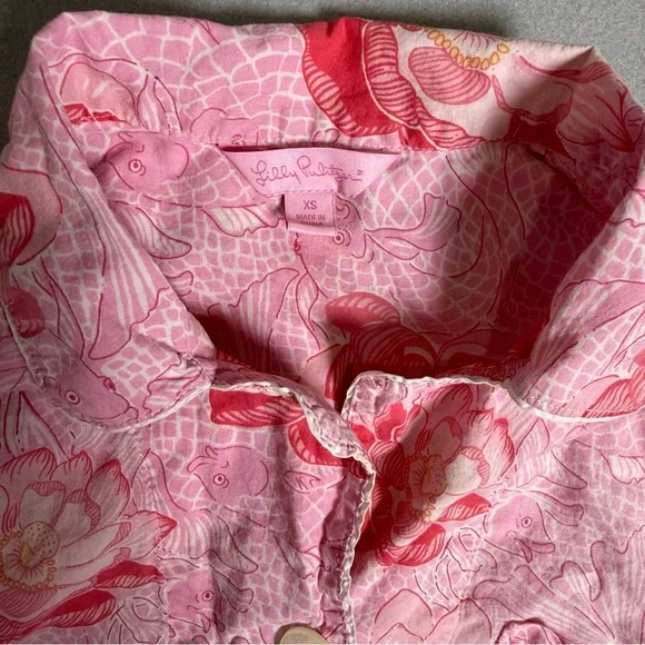 Lilly Pulitzer Pink Top Pink Flowers Buttons Cotton 3/4 Top XS Floral Blouse - Picture 6 of 10